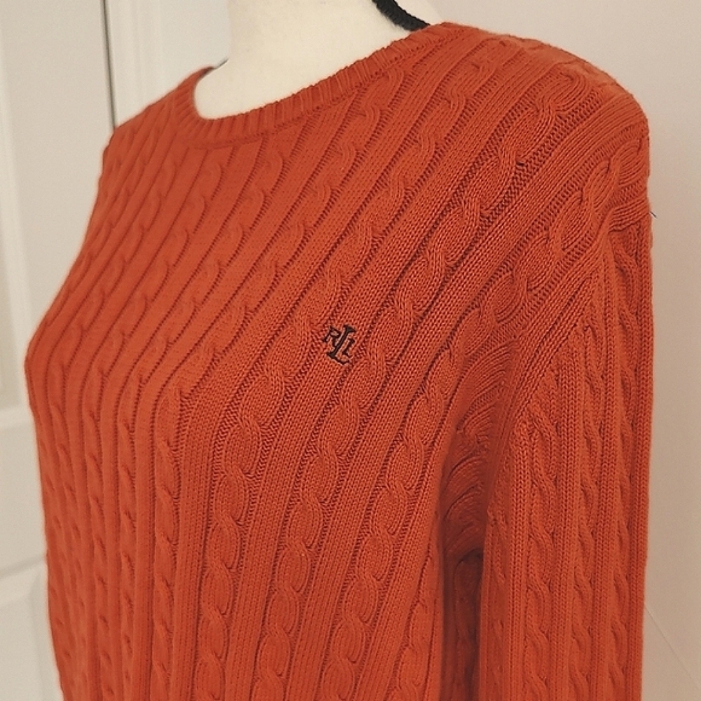 Ralph Lauren RLL Cable Knit Sweater Orange Crew Neck Size XL